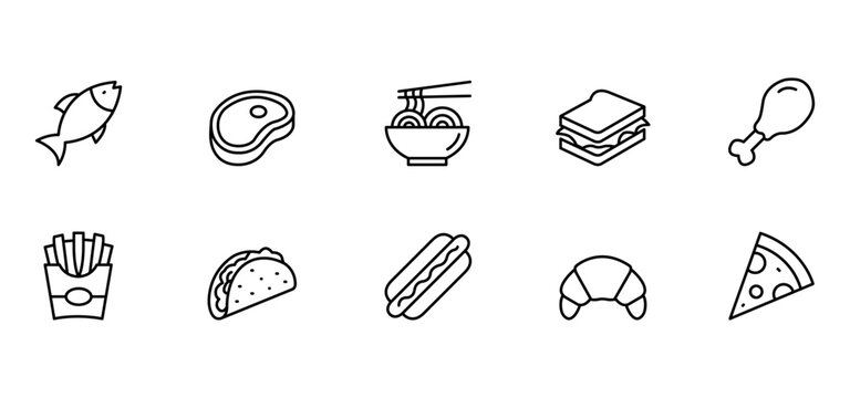 Fish steak noodle sandwich chicken fries taco hot dog croissant pizza line icon set with simple outline food symbol for menu, restaurant, kitchen, delivery service, and interface design