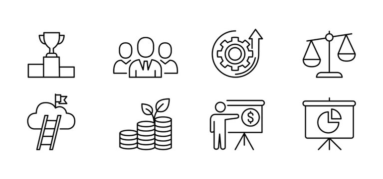 Trophy team gear balance cloud coin presentation chart icon outline line icon set showing trophy team gear balance scale cloud ladder coin plant growth business presentation and pie chart