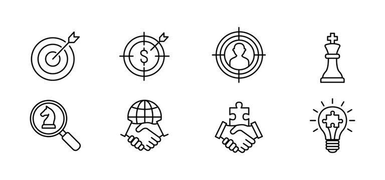 Target finance customer strategy search partnership Minimal line icon set with target finance customer strategy search partnership concepts for business planning marketing analytics negotiation