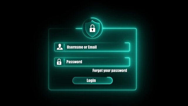 Neon blue glowing digital login form interface animation with username email input field and password box protected by secure padlock shield icon on dark black background for cyber security concept, 