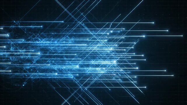 Abstract blue digital circuit board background with glowing lines.