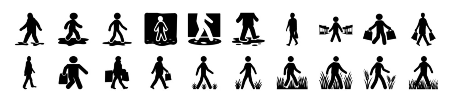 Walking Human Silhouette Icons Collection Set- Black silhouette figures showing people walking in different poses, useful for design, motion studies, icons, crowd concepts, and graphics.