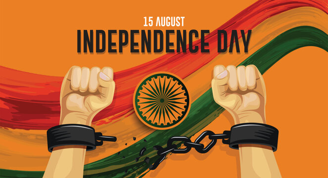Indian Independence Day Freedom Concept with Broken Chains Raised Fists and Ashoka Chakra