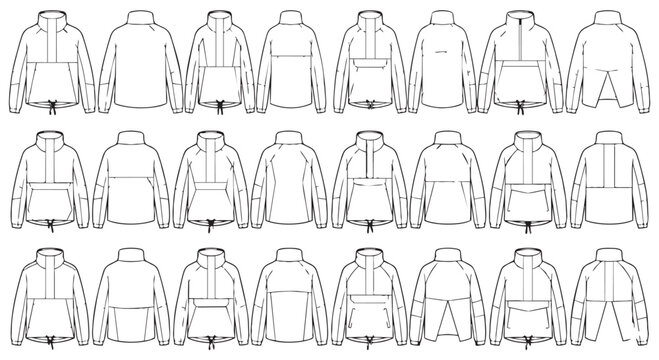 Set of technical flat sketches featuring various hooded jacket styles technical clothing template