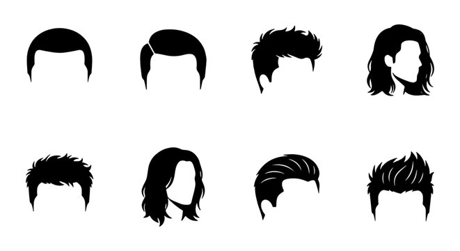 Male hairstyle silhouette collection, 8 men hair icons set, black barbershop grooming vector elements, masculine haircut styles for salon branding