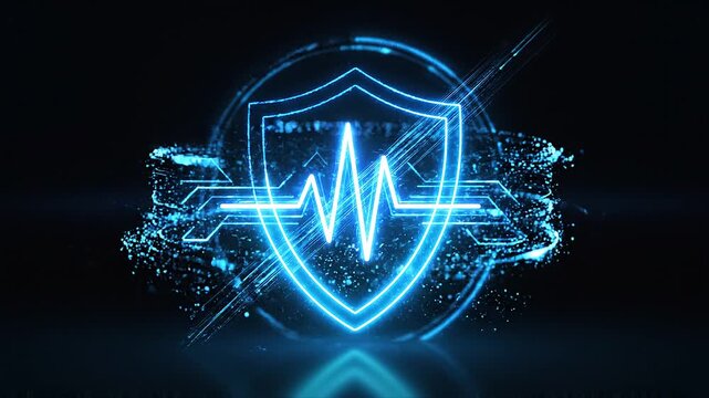 Neon blue shield with glowing heartbeat line.
