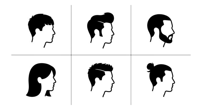 Minimalist male hairstyle silhouettes, set of 6 men's haircut profile icons. Black head avatars with diverse hair styles and beard, vector grooming symbols