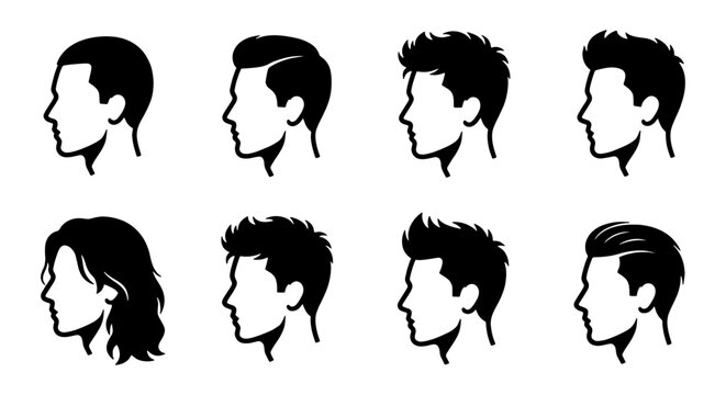 Male hairstyle silhouette collection, 8 men hair icons in profile view, modern barbershop haircut vector set, black head outlines for grooming
