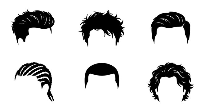 Male hairstyle silhouette collection, set of 6 men's hair vector icons, black barbershop hair style graphics for grooming and fashion design