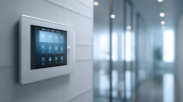 Modern smart home control panel with touchscreen interface mounted on a white wall in a contemporary hallway. Advanced technology enables seamless automation and remote management of home devices