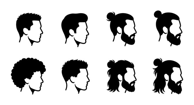 Male hairstyle silhouettes collection, 8 men's haircut profile icons, bearded man head set with man bun and afro styles, barbershop vector graphics