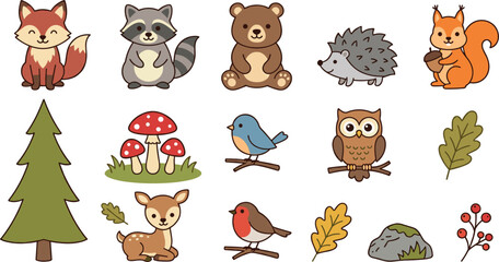 Cute Kawaii Woodland Animals Vector Icon Set Featuring Fox, Raccoon, Bear, Hedgehog, Squirrel, Deer, Owl, Pine Tree, Mushrooms, and Leaves for Kids Designs © Rownok