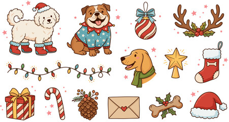 Obraz premium Christmas Dog Sticker Set with Festive Holiday Elements and Cute Puppies.