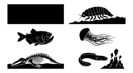 Deep sea creature silhouettes, marine life vector set with jellyfish and eel, prehistoric fish and whale skeleton icons, black aquatic animal graphics © MD