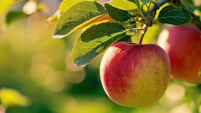 Ripe apple hanging from a tree with a softly blurred natural background, peaceful video featuring gentle sunlight, fresh orchard scenery and seasonal harvest beauty