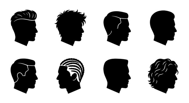 Male hairstyle silhouettes set, 8 men profile head icons with trendy haircuts, black barber shop vector symbols for grooming and fashion