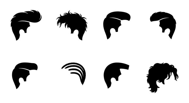 Modern men hairstyle silhouette icons, set of 8 male hair fashion vector elements, barber shop grooming styles for masculine character design