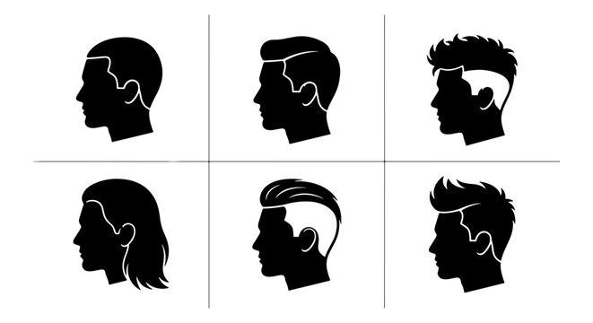 Male haircut silhouettes set, 6 men hairstyle profile icons, barber shop grooming vector graphics, black head profile avatars for hair styling
