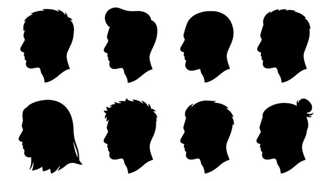 Male profile silhouette collection, set of 8 men head icons with diverse hairstyles, black man bun and undercut hair vector shapes