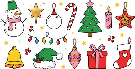 Fototapeta premium Christmas Holiday Hand Drawn Doodle Icons Collection on Black Background.