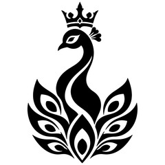Fototapeta premium Royal peacock icon vector, black and white crowned peafowl silhouette, elegant luxury bird emblem isolated on white background