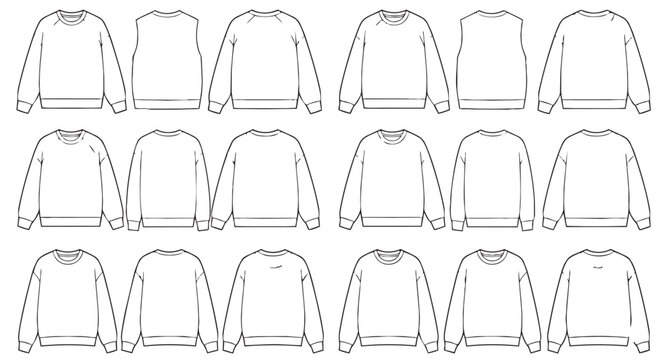 Set of sweater technical sketches for apparel fashion design with v neck pullover technical