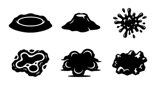 Black liquid puddle and oil splash icons, set of 6 vector silhouettes, crude oil spill and sticky mud blotches for industrial design