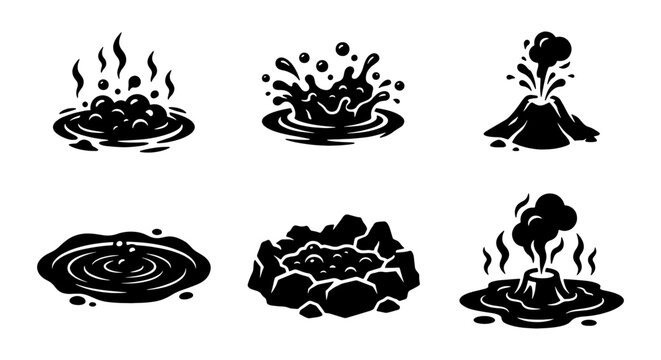 Volcanic eruption and geothermal activity icons, black silhouette set of 6 boiling mud pools and geysers, hot spring and magma vector elements