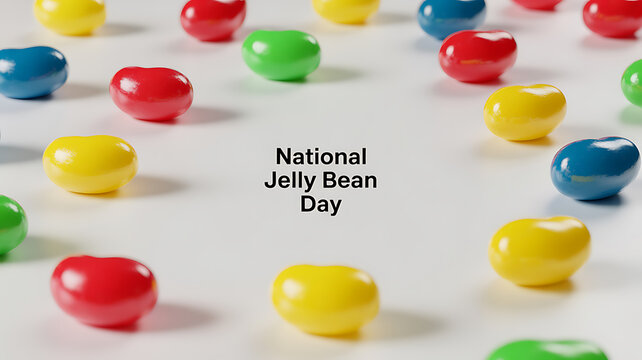Colorful jelly beans scattered on a white surface with text reading 'National Jelly Bean Day'