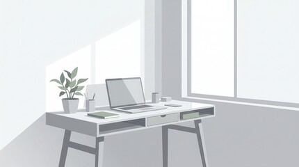 Fototapeta premium Minimalist Office Desk Scene with Laptop and Plant in Bright Room