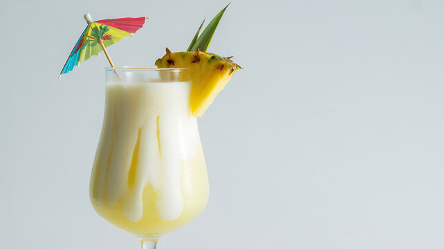 A creamy tropical drink garnished with pineapple and a colorful umbrella in a glass