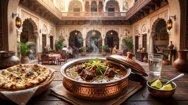 Traditional Indian lamb curry in copper handi, steaming hot mutton masala with garlic naan, authentic dining in a luxury palace courtyard isolated on White Background