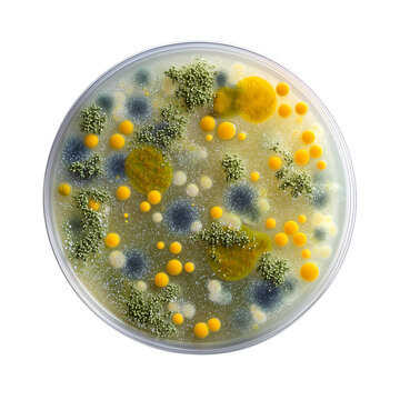 Petri dish with various bacterial and fungal colonies growing on agar medium isolated on transparent background isolated on transparent background