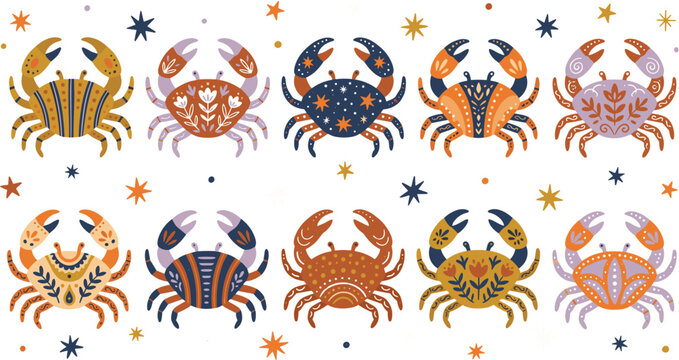 Collection of decorative crabs with ethnic patterns and celestial stars on black background.
