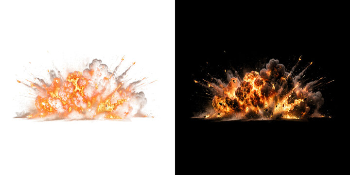Ground explosion with flying debris and dust on transparent background realistic shockwave and fire burst element.