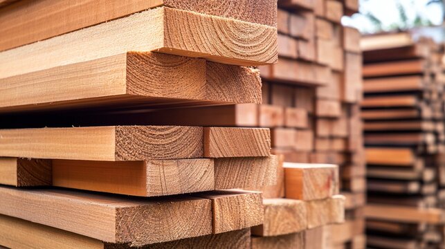 douglas. Stack of fresh Douglas fir lumber highlighting the wood's warm grain. safety posters, maintenance manuals, designed for industrial assembly lines and welding operations, used by engineers.