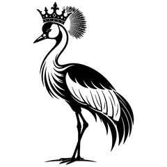 Fototapeta premium Royal crowned crane vector illustration, black and white wild bird silhouette, elegant African crane wildlife icon isolated on white background