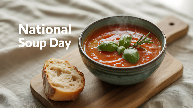 A bowl of tomato soup with fresh basil and a slice of bread on a wooden board, celebrating National Soup Day