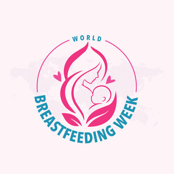 World Breastfeeding Week logo featuring a mother and baby silhouette with heart elements, symbolizing maternal care, infant nutrition, breastfeeding support, and global health awareness.