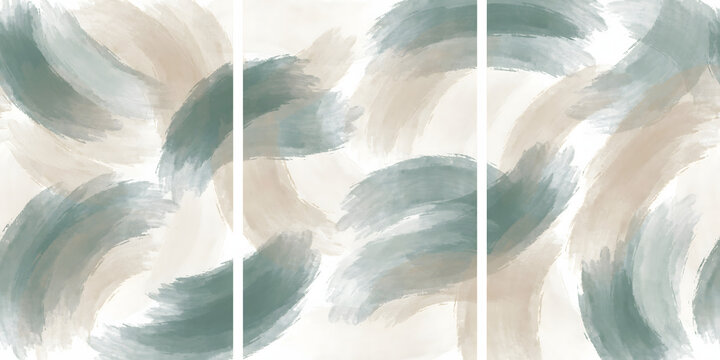 Abstract triptych with flowing brushstrokes in sage green, beige, isolated on transparent background png