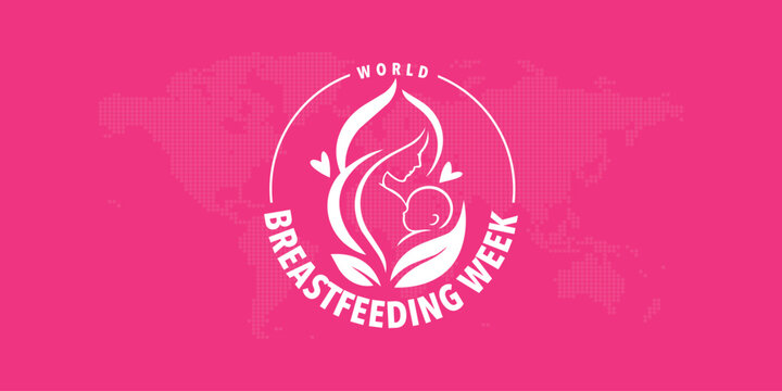 World Breastfeeding Week logo featuring a mother and baby silhouette with heart elements, symbolizing maternal care, infant nutrition, breastfeeding support, and global health awareness.