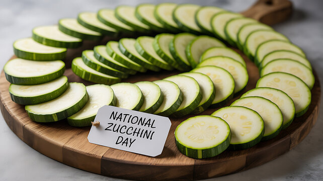 Sliced zucchini arranged in a spiral on a wooden cutting board with a sign reading 'National Zucchini Day'