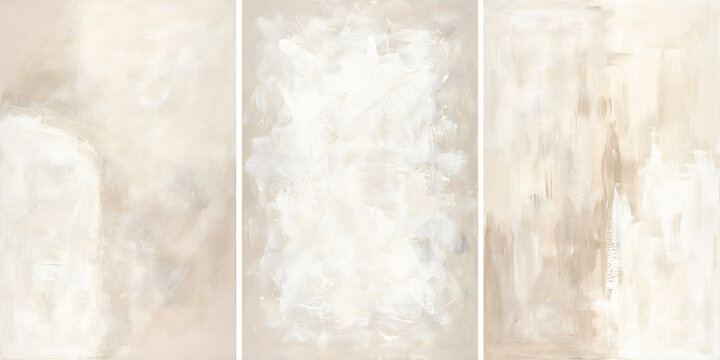 Abstract triptych with soft beige and white acrylic paint strokes isolated on transparent background png