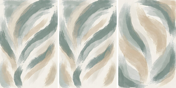 Abstract triptych with flowing brushstrokes in sage green, beige, isolated on transparent background png