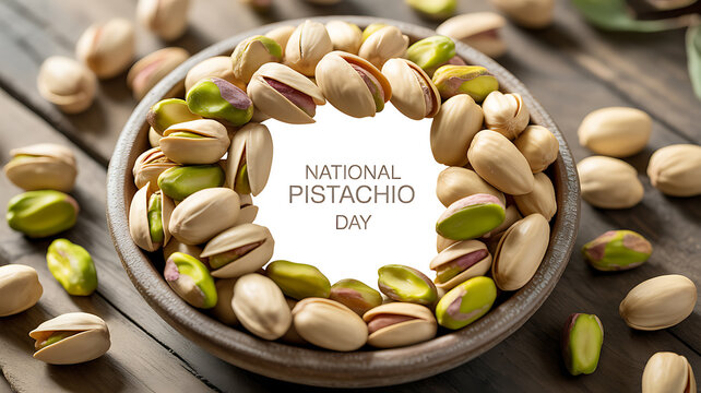 National Pistachio Day celebration with pistachios arranged in a circular pattern on a wooden bowl and table