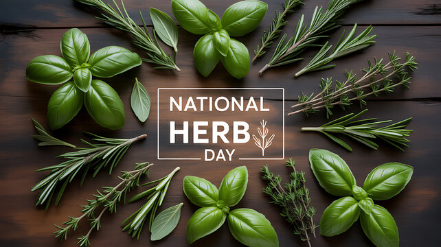Fresh herbs including basil, rosemary, and thyme arranged on a wooden surface with National Herb Day text overlay