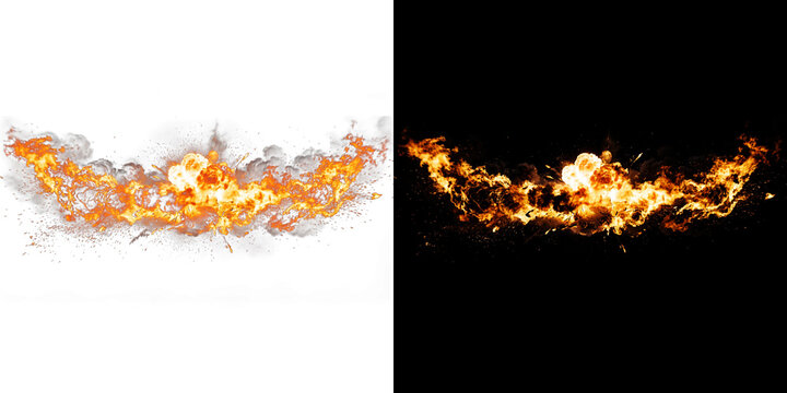 Explosion effect with fire and smoke on transparent and black backgrounds, fiery debris, blast wave.