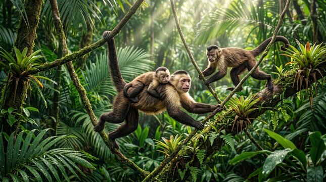 Capuchin monkeys in tropical rainforest, wild monkey family climbing on jungle vines, exotic primate wildlife in lush green nature habitat