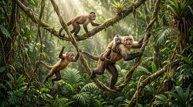 Capuchin monkey family in tropical rainforest, wild monkeys climbing on jungle vines, exotic primate group in lush green nature habitat