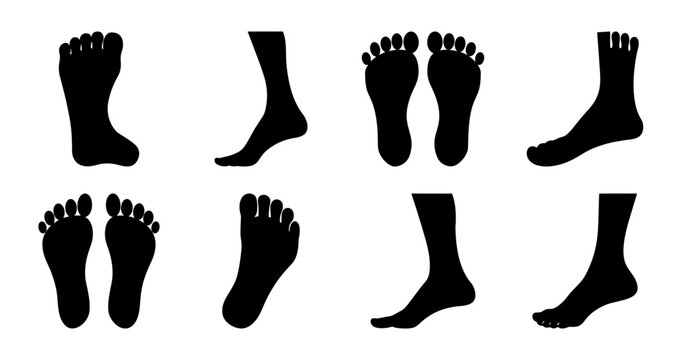 Black footprints and socks vector icons - Minimalist black silhouettes of footprints, bare feet, and socks in a clean vector style for stock use.
